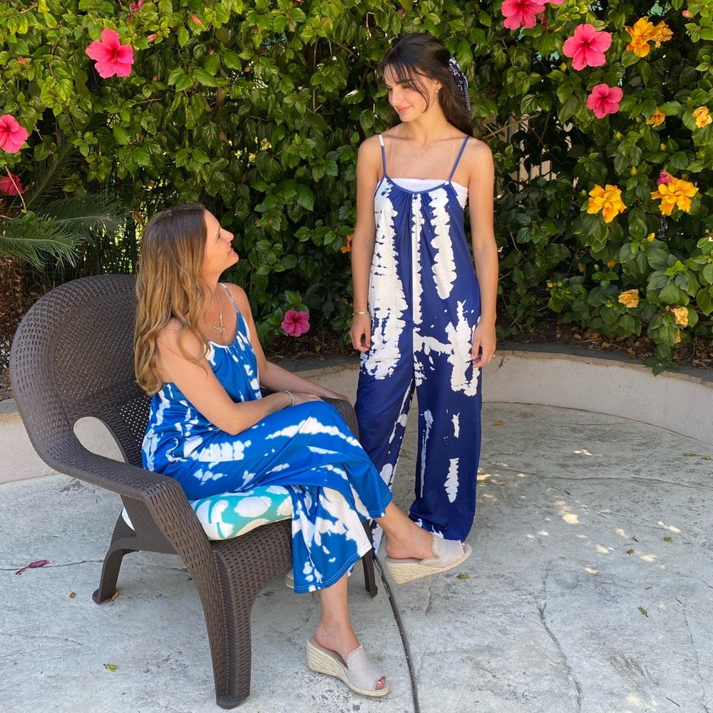 Overalls Jumpsuit Romper Oversized Tie Dye Boho Jumpsuit Bright Blue/White - Picture 14 of 17